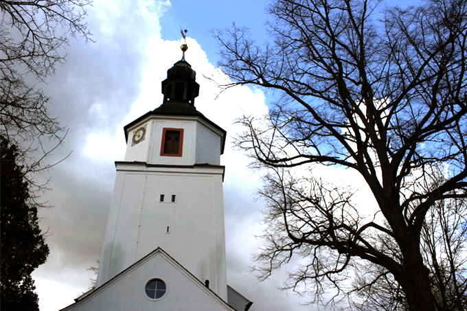 Der Zweenfurther Kirchturm mit einem seiner begehrtesten Einflüge zu einem Nistkasten, Foto: Ina Ebert